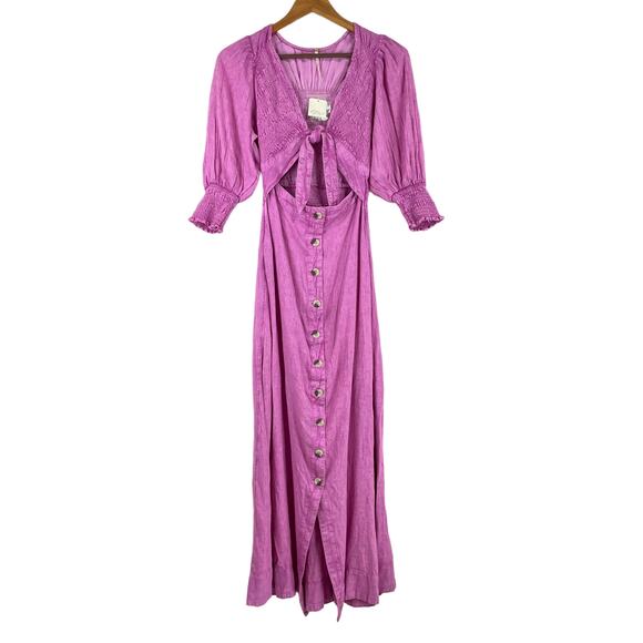 Free People NWT String Of Hearts Maxi Dress Size XS Pink Tie Front Smocked - Picture 2 of 8